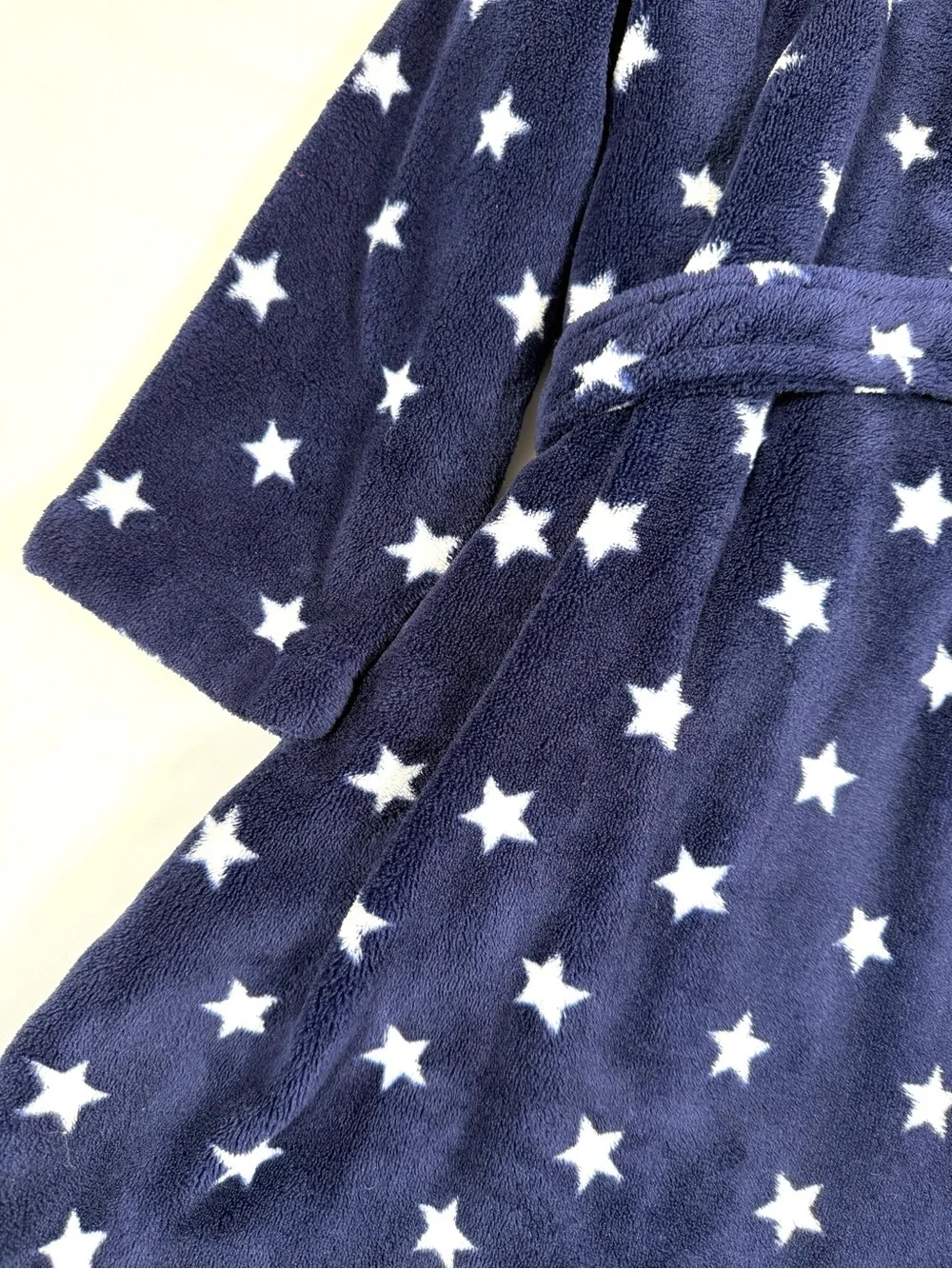 POTTERY BARN KIDS Unisex Hooded Plush Star Robe 4-6 Navy White Belt Soft Fleece